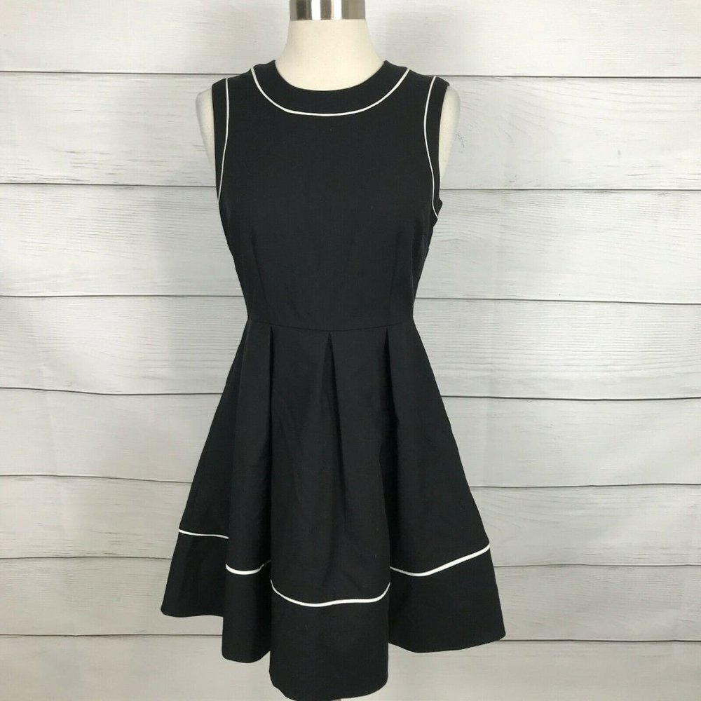 Kate Spade Women's 4 Hope Dress Black White Piping Sleeveless Pleat Fit & Flare
